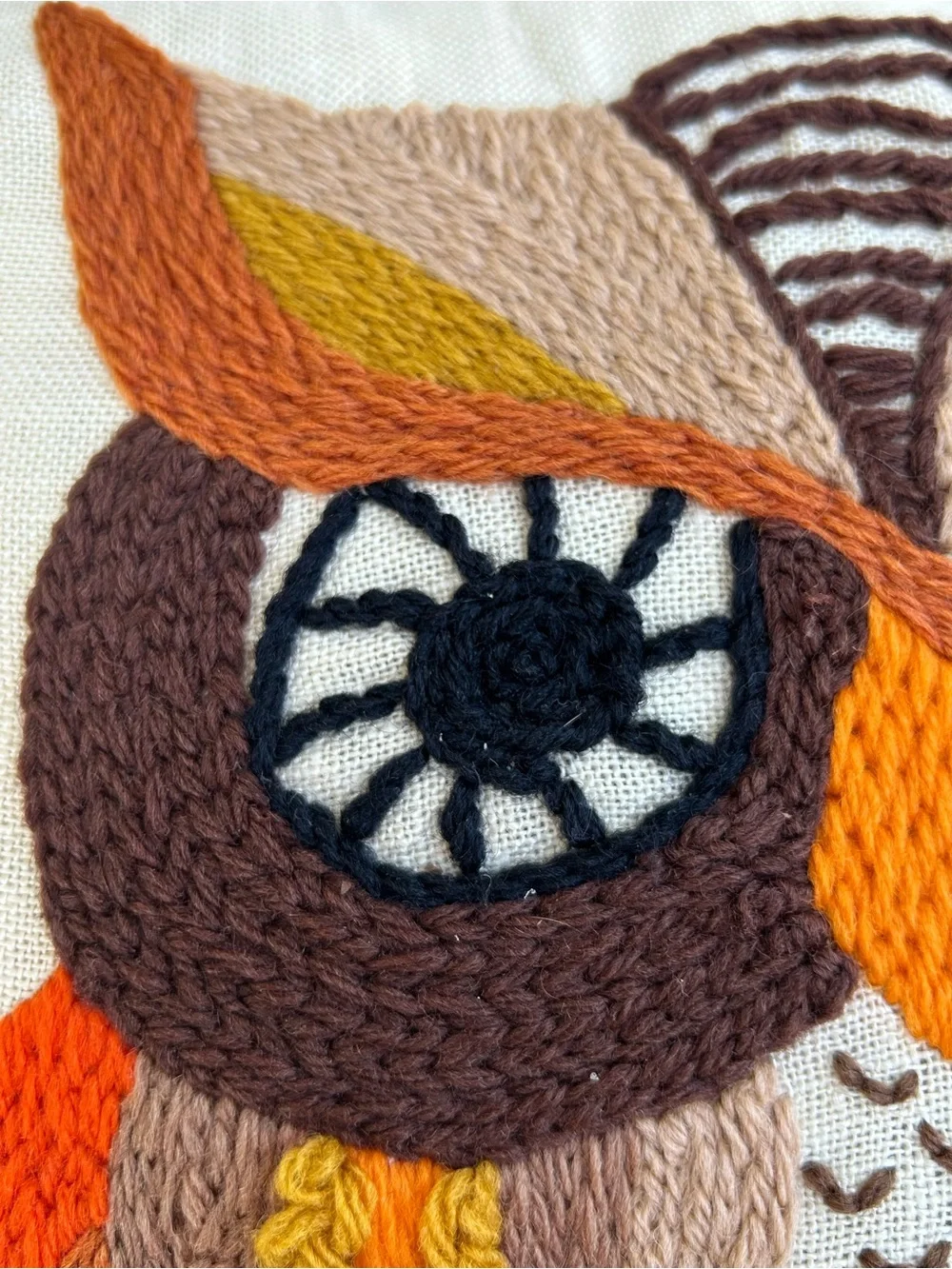 Vintage Pillow Owl Crewel Embroidered Decorative Throw Autumn Tones 13x13